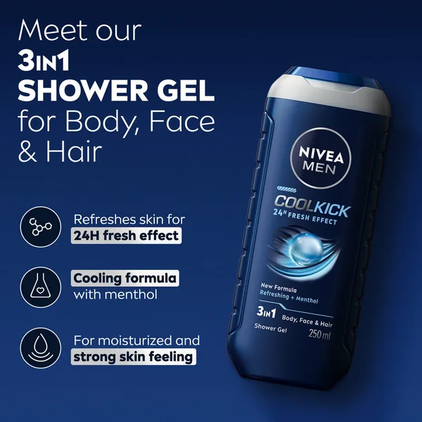 Nivea Men Cool Kick Shower Gel 3in1 Body Wash 250 ml (3)