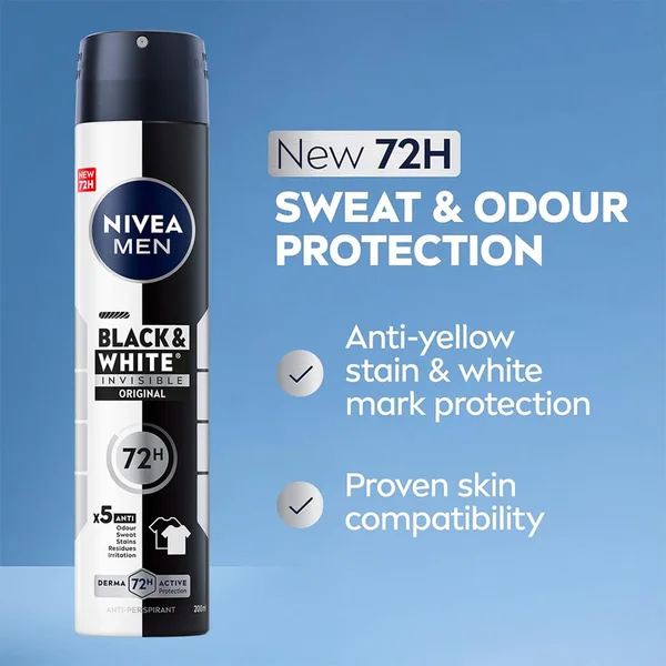 Nivea Men Black & White Invisible Antiperspirant Deodorant Spray Original 72H Active Protection 200 ml (2)