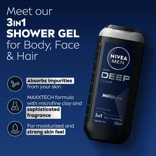 Nivea Men DEEP Shower Gel 3in1 Body Wash with Micro-Fine Clay & Woody Scent 250 ml (2)