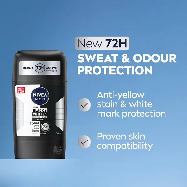 Nivea Men Black & White Invisible Antiperspirant Deodorant Stick Original 72H Active Protection 50 ml (2)