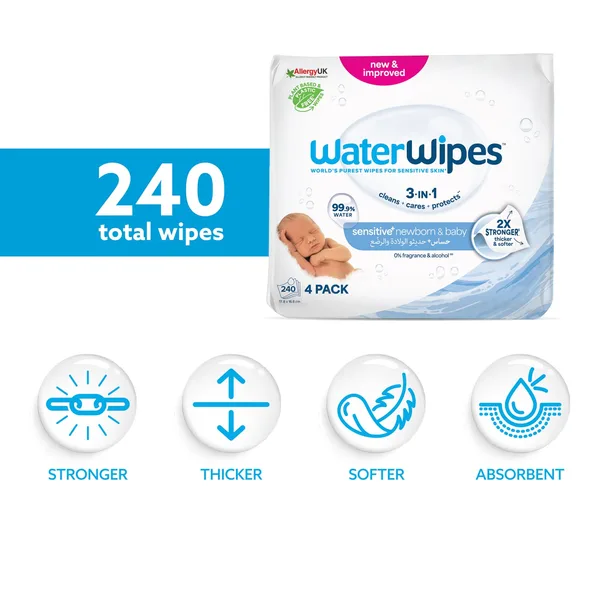 WaterWipes Sensitive+ Newborn & Baby Wipes 4 x 60 pcs (2)
