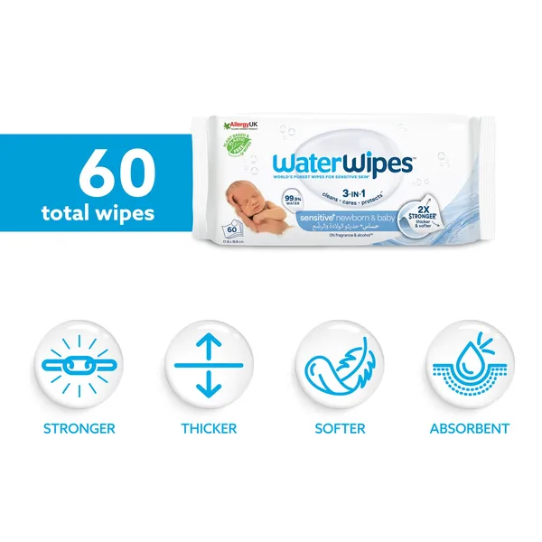 WaterWipes Sensitive+ Newborn & Baby Wipes 60 pcs (2)