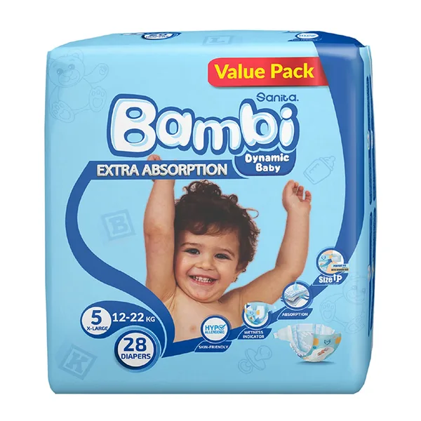 Sanita Bambi Baby Diaper Value Pack Size 5 Extra Large 12-22 kg 28 pcs (2)