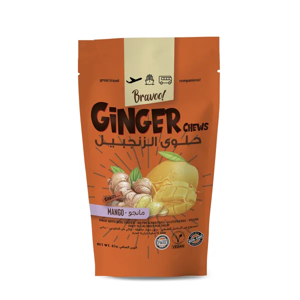 Bravoo Mango Ginger Chews Gluten Free 63 g