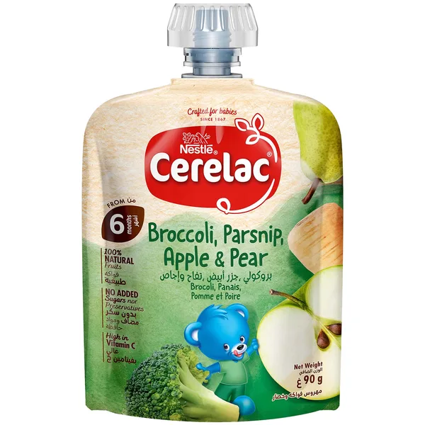 Nestle Cerelac Fruits & Vegetables Puree Pouch Broccoli Parsnip Apple & Pear From 6 Months 90 g (3)