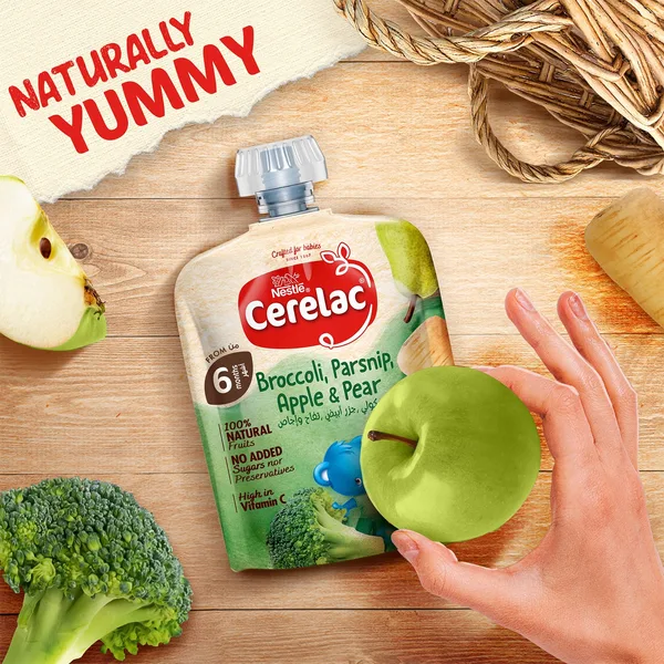 Nestle Cerelac Fruits & Vegetables Puree Pouch Broccoli Parsnip Apple & Pear From 6 Months 90 g (4)