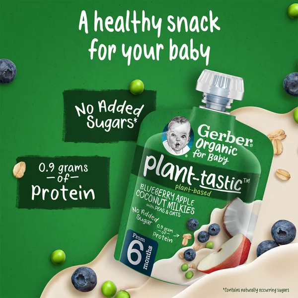 Gerber Organic Blueberry, Apple, Coconut Milkies with Peas & Oats Puree for Baby From 6+ Months 80 g (4)