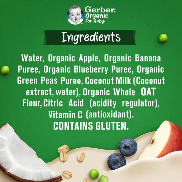 Gerber Organic Blueberry, Apple, Coconut Milkies with Peas & Oats Puree for Baby From 6+ Months 80 g (6)